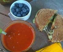 Grilled cheese, tomato soup and blueberries