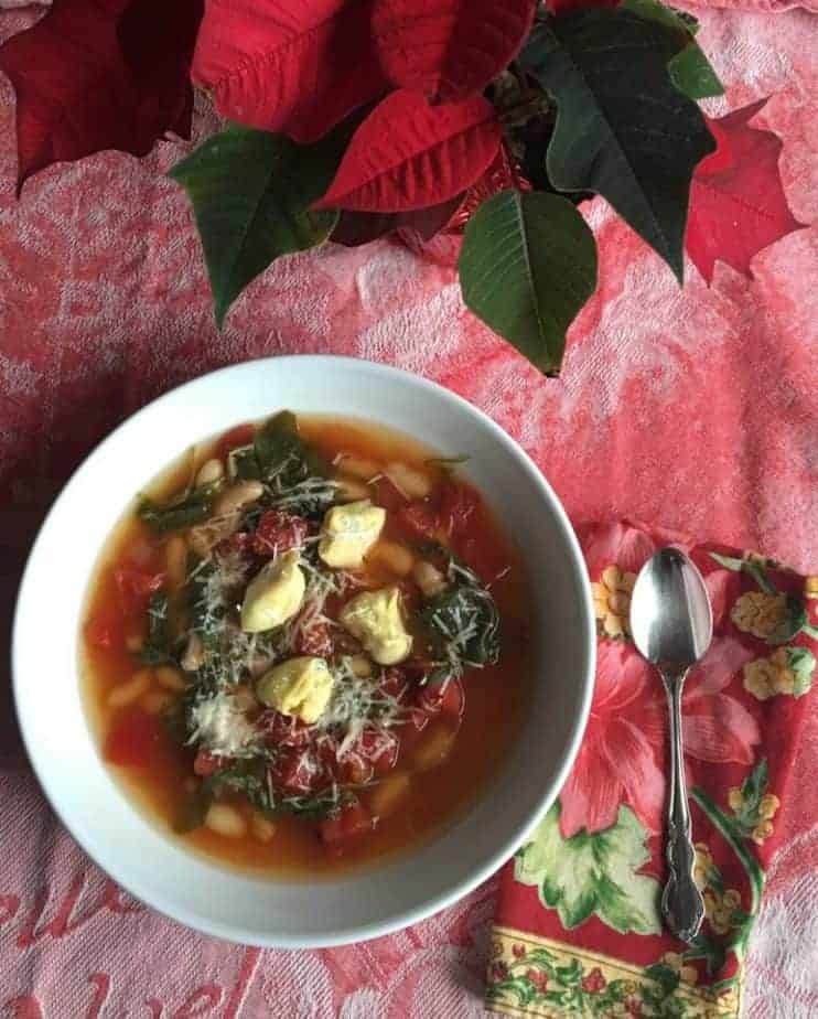 Christmas Soup Recipe with tortellini, spinach, tomato and white beans