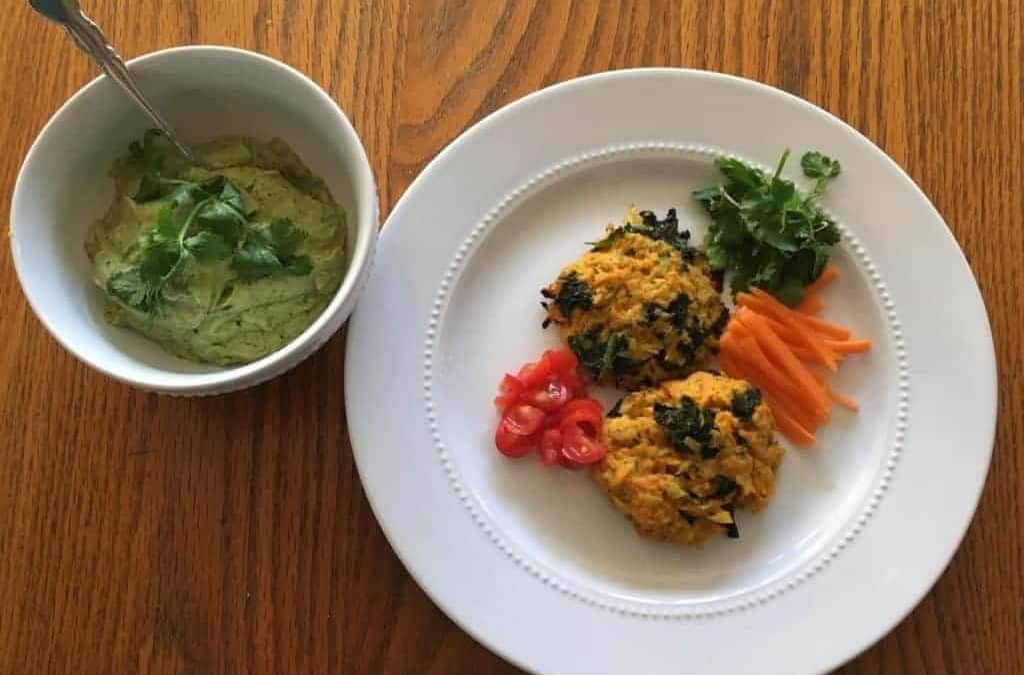 Recipe for Avocado Tahini with Cauliflower, Sweet Potato, Kale Cakes