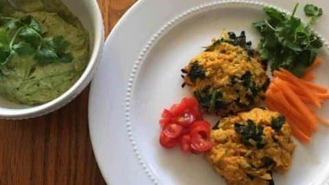 Recipe for Avocado Tahini with Cauliflower, Sweet Potato, Kale Cakes