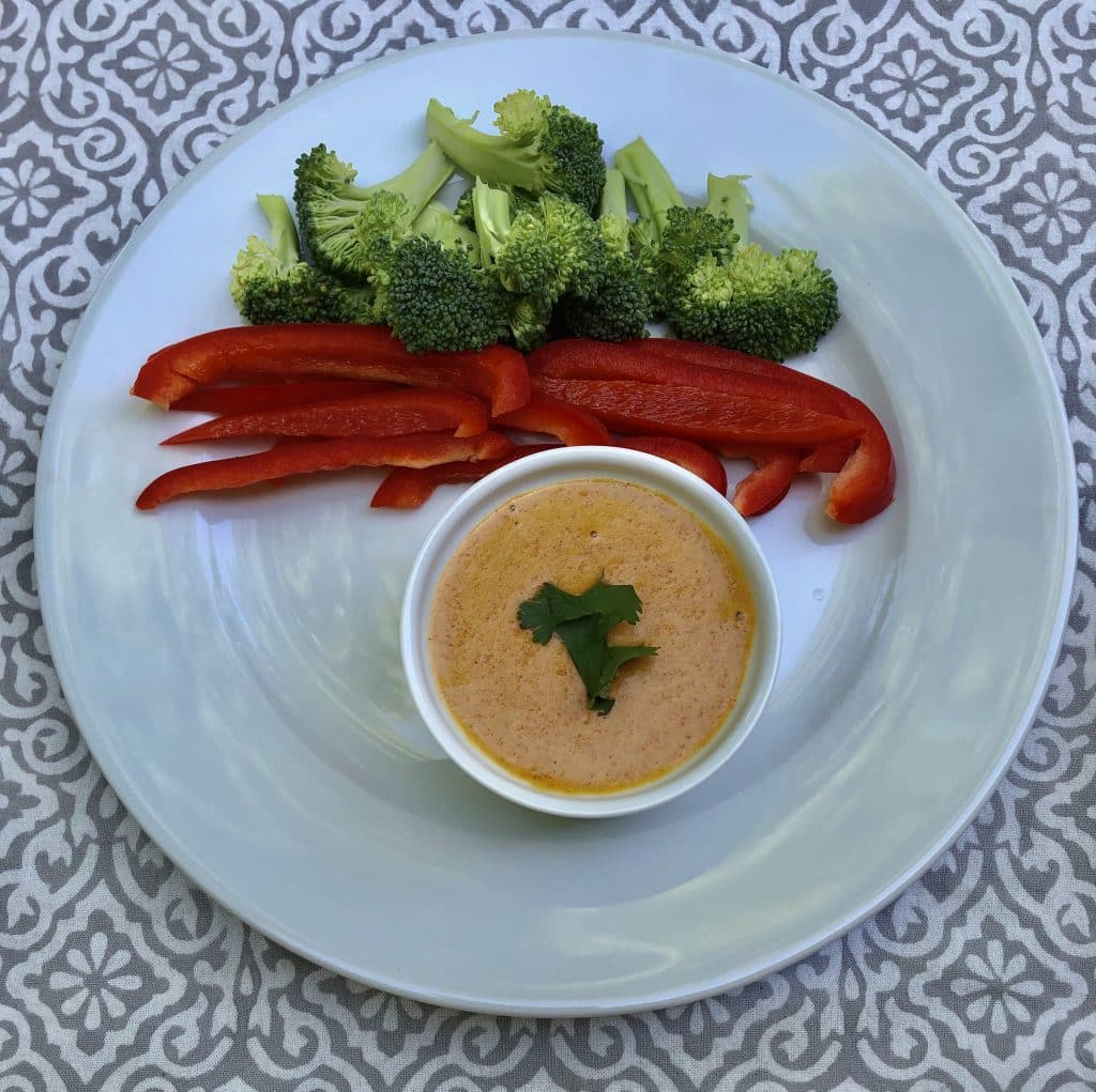 Broccoli and Red Bell strips with Vegan Queso