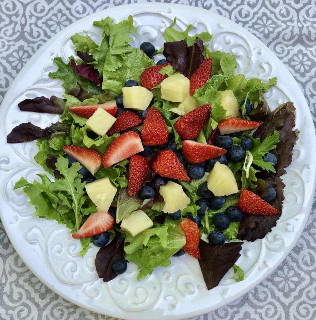 Green Salad with Strawberries, Blueberries and Pineapple