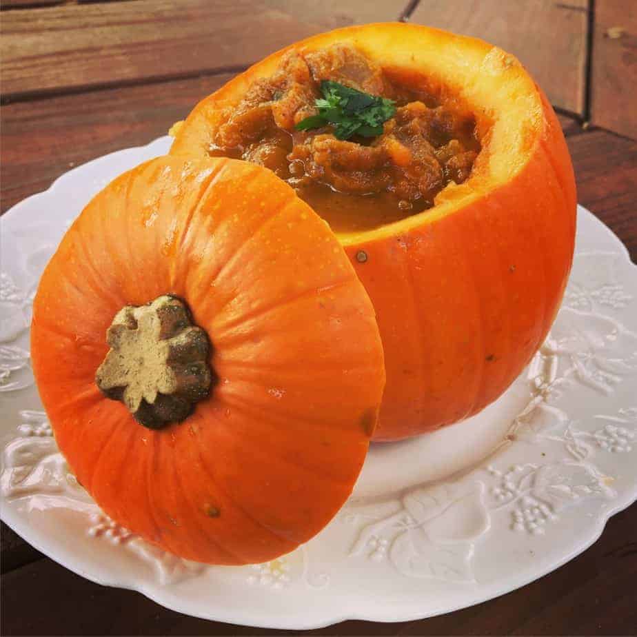 Southwestern Pumpkin Soup served in a real pumkin