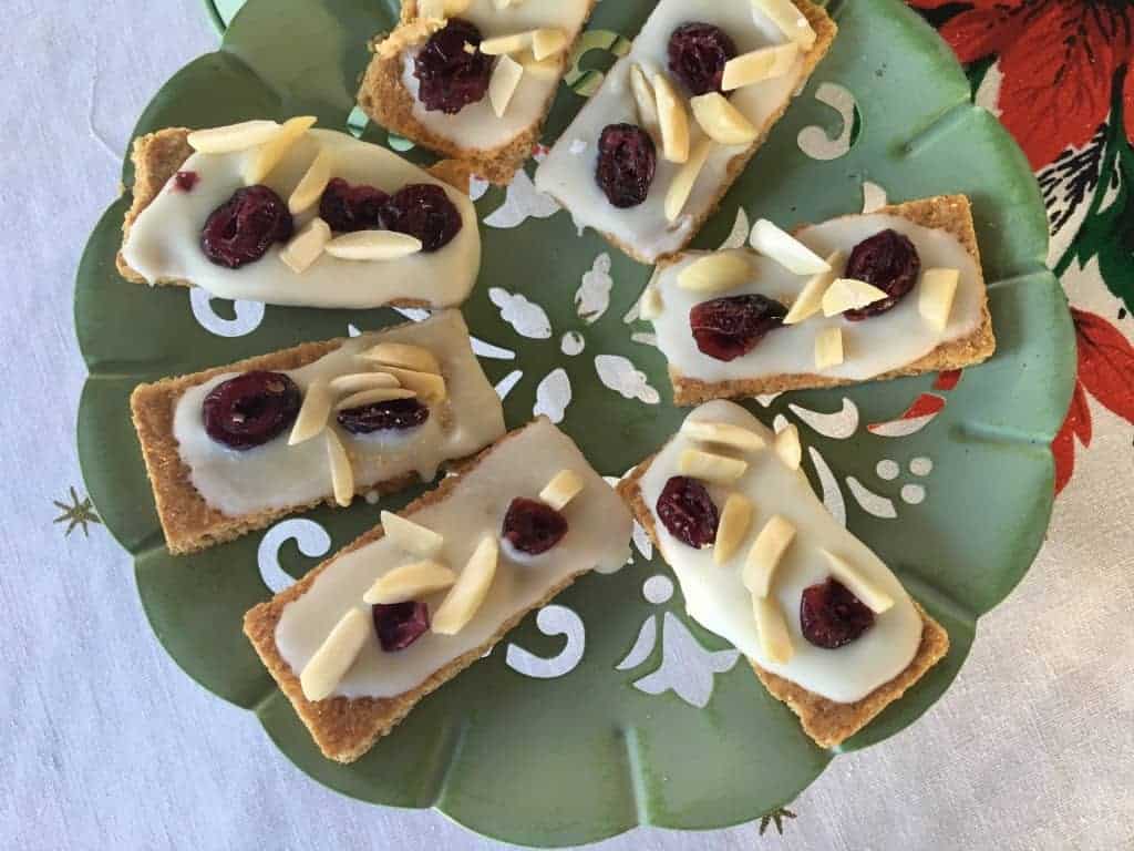 The white chocolate covered graham crackers are delicious with cranberries and slivered almonds.