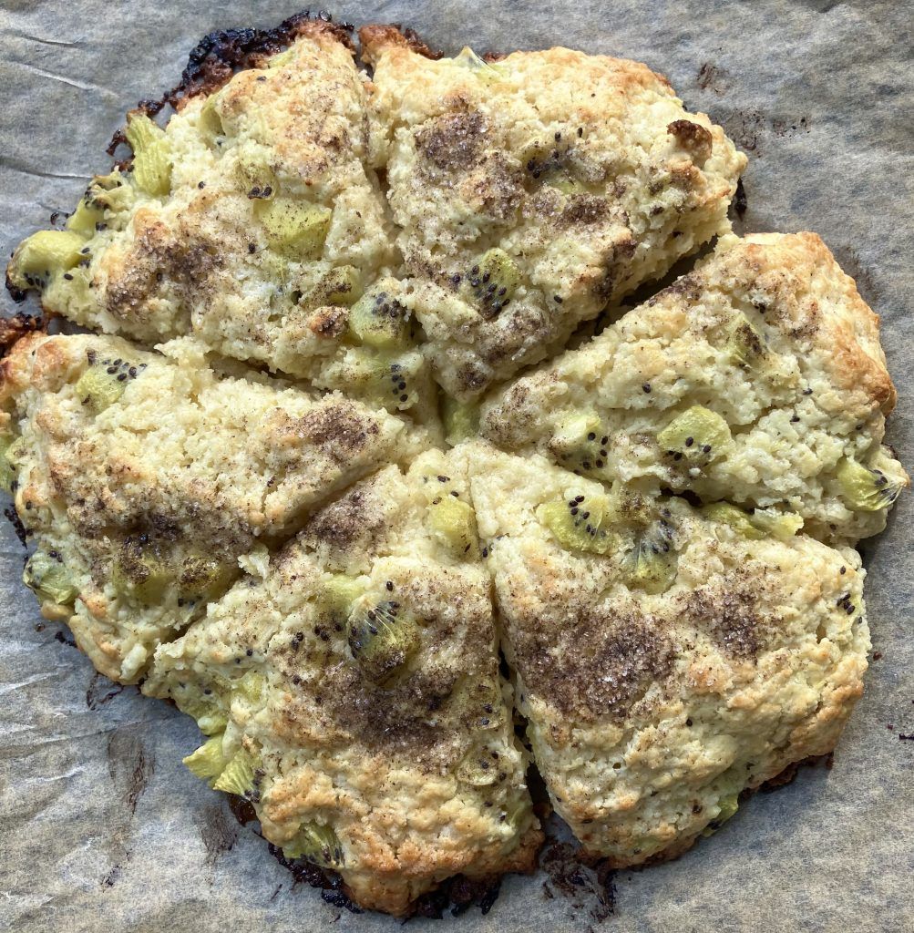 Picture of kiwi scones coming out of oven.